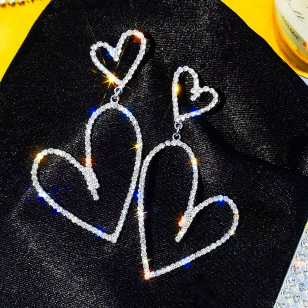 rhinestone heart earrings gold OR silver‎